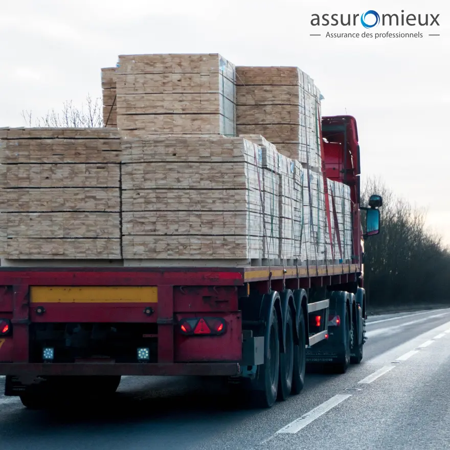 Un camion transportant du bois sur une route