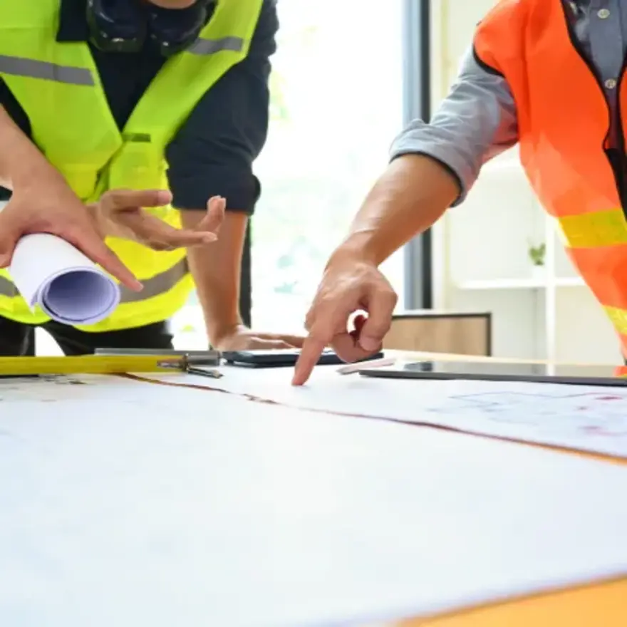 Deux ouvriers du bâtiment examinant un plan de construction sur un chantier, concentrés sur les détails du projet