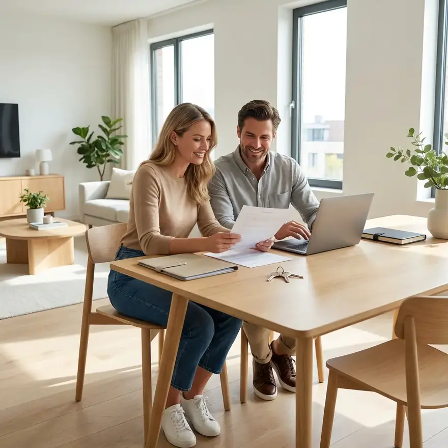 Trois professionnels assis à une table, utilisant un ordinateur portable pour une réunion.