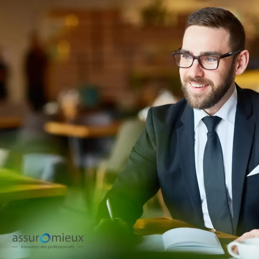 Un homme en costume et cravate assis à une table avec un carnet de note.