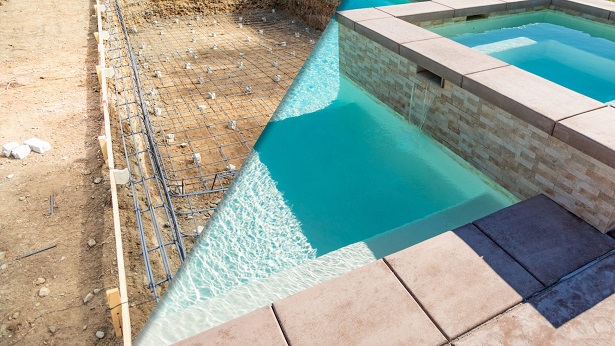 Une piscine entourée d'un mur en béton et d'un mur en briques, créant un contraste de textures et de matériaux