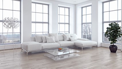 Salon blanc lumineux avec de grandes fenêtres et un canapé confortable