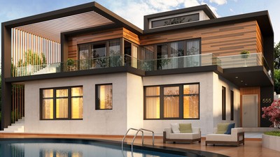 Maison moderne avec piscine et patio, entourée de verdure, offrant un espace de vie extérieur élégant et accueillant