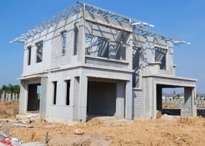 Maison en construction sous un ciel bleu, avec des échafaudages et des matériaux visibles autour du bâtiment